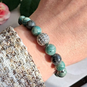 Larvikit és amazonit női ásvány karkötő cirkóniás gömbbel és hematittal - ékszer - karkötő - ásványkarkötő - Meska.hu