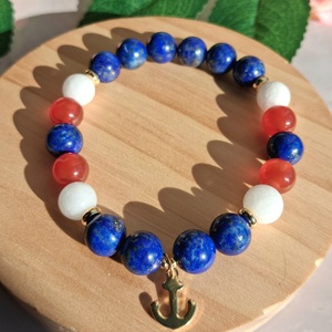 Lapis lazuli tengerész stílusú ásvány karkötő karneollal, jádéval, nemesacél horgonnyal - ékszer - karkötő - ásványkarkötő - Meska.hu