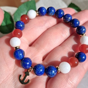 Lapis lazuli tengerész stílusú ásvány karkötő karneollal, jádéval, nemesacél horgonnyal - ékszer - karkötő - ásványkarkötő - Meska.hu