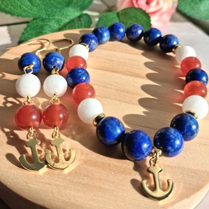 Lapis lazuli tengerész stílusú ásvány ékszerszett karneollal, jádéval és nemesacéllal, horgony medállal - Meska.hu