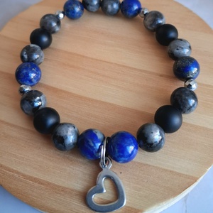 Lapis lazuli, larvikit és ónix ásvány karkötő, szív medállal - Meska.hu