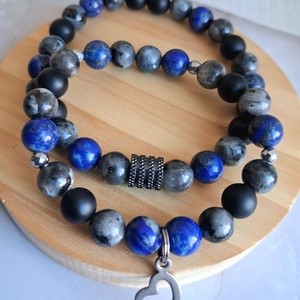 Lapis lazuli, larvikit és matt ónix páros ásvány karkötő szett - Meska.hu