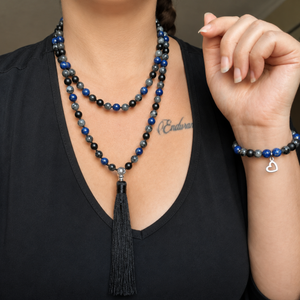 Lapis lazuli, larvikit és matt ónix ásvány mala - bojtos ásvány nyaklánc- imafüzér - otthon & életmód - dekoráció - spiritualitás - mala - Meska.hu