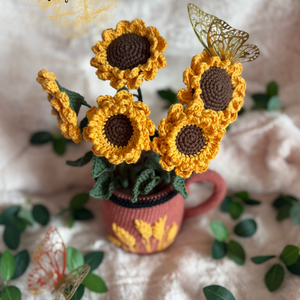 Kézzel horgolt napraforgó cserépben - Lakásdekoráció - otthon & életmód - virágdekoráció - virágdíszek - virágdísz kaspóban - Meska.hu