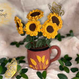 Kézzel horgolt napraforgó cserépben - Lakásdekoráció - otthon & életmód - virágdekoráció - virágdíszek - virágdísz kaspóban - Meska.hu
