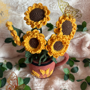 Kézzel horgolt napraforgó cserépben - Lakásdekoráció - otthon & életmód - virágdekoráció - virágdíszek - virágdísz kaspóban - Meska.hu