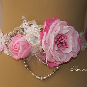 Szeráj ekrü-rózsaszín-bézs vintage csipkés virágos menyasszonyi alkalmi ruha dísz, öv - ruha & divat - öv & övcsat - öv - Meska.hu
