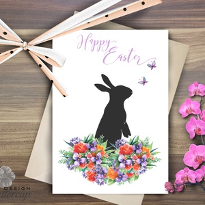 Húsvéti képeslap, Húsvéti dekoráció, Húsvét, Nyuszi, Nyúl, Tavaszi virágok, ibolya, pillangó, lepke, Tavasz - otthon & életmód - papír, írószer - ajándékozás kellékei - képeslap, üdvözlőlap - Meska.hu