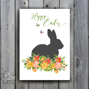 Húsvéti képeslap, Húsvéti dekoráció, Húsvét, Nyuszi, Nyúl, Tavaszi virágok, ibolya, pillangó, lepke, Tavasz - otthon & életmód - papír, írószer - ajándékozás kellékei - képeslap, üdvözlőlap - Meska.hu