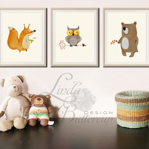 Babaszoba Dekoráció, Állatok festmény, Erdei állat, vad állatok falikép, Gyerekszoba dekor, medve, mókus, bagoly -  - Meska.hu