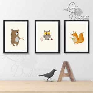 Babaszoba Dekoráció, Állatok festmény, Erdei állat, vad állatok falikép, Gyerekszoba dekor, medve, mókus, bagoly -  - Meska.hu