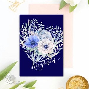 Köszönöm kártya, köszönet, köszönjük Képeslap, kék rózsa, szív, tengerkék, pasztell, virágos, tavaszi, love, virág -  - Meska.hu