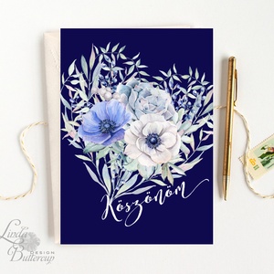 Köszönöm kártya, köszönet, köszönjük Képeslap, kék rózsa, szív, tengerkék, pasztell, virágos, tavaszi, love, virág -  - Meska.hu