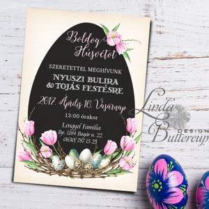 Húsvéti Party meghívó, Húsvéti meghívó, Nyuszi buli, Tojás festés, tojás, Húsvét, Húsvéti dekoráció, Tavasz, tulipán - otthon & életmód - papír, írószer - ajándékozás kellékei - meghívó - Meska.hu