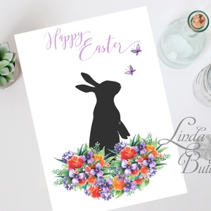 Húsvéti képeslap, Húsvéti dekoráció, Húsvét, Nyuszi, Nyúl, Tavaszi virágok, ibolya, pillangó, lepke, Tavasz - otthon & életmód - papír, írószer - ajándékozás kellékei - képeslap, üdvözlőlap - Meska.hu