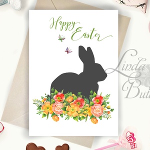 Húsvéti képeslap, Húsvéti dekoráció, Húsvét, Nyuszi, Nyúl, Tavaszi virágok, ibolya, pillangó, lepke, Tavasz, Otthon & Életmód, Papír, írószer, Képeslap, üdvözlőlap, Ajándékozás kellékei, Festészet, Fotó, grafika, rajz, illusztráció, MESKA