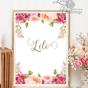 Babaszoba Dekoráció, Virágos kép, virág falikép, hortenzia, rózsa, név, felirat, Baba, gyerek, Gyerekszoba, névreszóló -  - Meska.hu