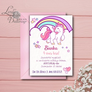 Születésnapi meghívó kislánynak, póni, unicorn, unikornis,Babazsúr, Szülinapi lap, szülinap, meghívó, 4 éves, lány, cuki -  - Meska.hu