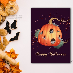 Halloween Képeslap, Halloween Üdvözlőlap, őszi, ősz, tök, narancs, cica, lap, pók, egér, egérke, pumpkin, mouse, levél, Otthon & Életmód, Halloween, Halloweeni meghívó, képeslap, ajándékkísérő, Dekoráció, Fotó, grafika, rajz, illusztráció, Mindenmás, MESKA