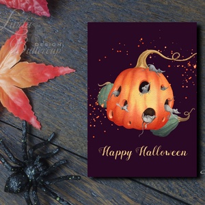 Halloween Képeslap, Halloween Üdvözlőlap, őszi, ősz, tök, narancs, cica, lap, pók, egér, egérke, pumpkin, mouse, levél - otthon & életmód - dekoráció - halloween - halloweeni meghívó, képeslap, ajándékkísérő - Meska.hu