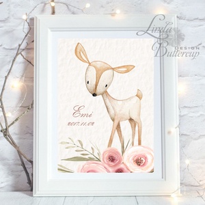 Őzike névre szóló Gyerekszoba Kép, Print, állatos, babsszoba dekoráció, dekor, falikép, szülinap, erdeiállat, név, dátum -  - Meska.hu