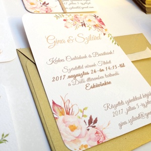 Angol Esküvői meghívó, Elegáns Esküvő, Arany meghívó, Barack virág, virágos meghívó, Modern, Rózsás, Rózsa, Romantikus -  - Meska.hu