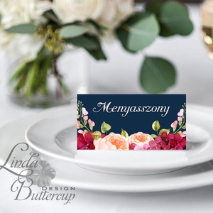 Esküvői ültetőkártya, ültető, név tábla, virágos, névkártya, bordó, Hortenzia, rózsás, kék, elegáns,  - esküvő - meghívó & kártya - ültetési rend - Meska.hu