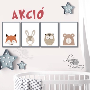AKCIÓ! Babaszoba falikép, Állatos festmény, Erdeiállat, kép, Gyerekszoba dekoráció, medve, róka, bagoly, minimal, modern -  - Meska.hu