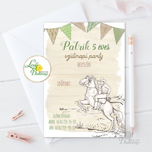 Szülinapi meghívó, cowboy, születésnap képeslap, Babaköszöntő, fiús, kisfiú, ló, lovas, tanya, lovarda, +SZERKESZTÉSIDÍJ, Otthon & Életmód, Papír, írószer, Képeslap, üdvözlőlap, Ajándékozás kellékei, Festészet, Fotó, grafika, rajz, illusztráció, MESKA