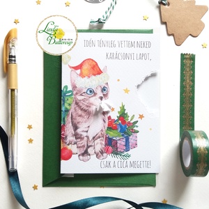 Karácsonyi Képeslap, Vicces, Humoros, Cicás, Cica, Macska, egyedi, Adventi Képeslap, Karácsonyi,  Karácsonyi üdvözlőlap, Karácsony, Karácsonyi ajándékozás, Karácsonyi képeslap, üdvözlőlap, ajándékkísérő, Fotó, grafika, rajz, illusztráció, Mindenmás, MESKA