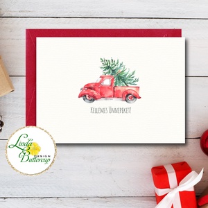 Autós Karácsonyi Képeslap, Retro, piros auto, bogár, fenyő, adventi Kártya, Karácsonyi üdvözlőlap, Vintage, fenyőfa, Karácsony, Karácsonyi ajándékozás, Karácsonyi képeslap, üdvözlőlap, ajándékkísérő, Fotó, grafika, rajz, illusztráció, Mindenmás, MESKA