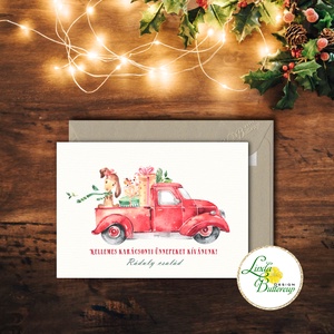 Autós Karácsonyi Képeslap, Retro, piros auto, bogár, fenyő, adventi Kártya, Karácsonyi üdvözlőlap, Vintage, fenyőfa, Karácsony, Karácsonyi ajándékozás, Karácsonyi képeslap, üdvözlőlap, ajándékkísérő, Fotó, grafika, rajz, illusztráció, Mindenmás, MESKA