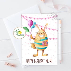 Szülinapi Képeslap, Születésnap, lap, üdvözlőlap, ajándék, egyedi, névre szóló, nyuszi, nyúl, happy birthday, állatos, Otthon & Életmód, Képeslap, üdvözlőlap, Papír, írószer, Ajándékozás kellékei, Fotó, grafika, rajz, illusztráció, Mindenmás, MESKA