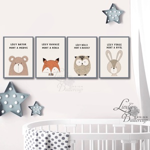 Erdei állatos, Babaszoba fali dekoráció, maci, róka, bagoly, nyuszi, nyúl, fali kép, A4 méret, minimal design - otthon & életmód - dekoráció - fali és függő dekoráció - felirat - Meska.hu