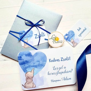 Elefántos felkérő, Leszel a keresztapukám, kisfiú, Keresztapa felkérő lap, elefánt, Otthon & Életmód, Papír, írószer, Képeslap, üdvözlőlap, Festészet, Fotó, grafika, rajz, illusztráció, MESKA