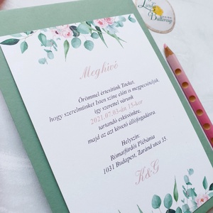Greenery koszorú, pink bazsarózsás, esküvői meghívó, BORÍTÉKKAL - esküvő - meghívó & kártya - meghívó - Meska.hu