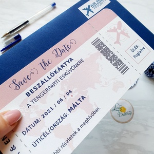 Beszállókártya meghívó, Save the date,  Repülőjegy, núd, rosegold, navy blue - esküvő - meghívó & kártya - meghívó - Meska.hu