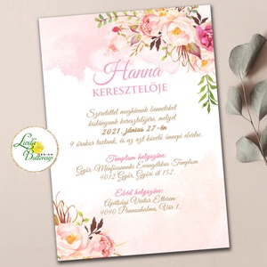 Virágos, púder rózsaszín és barack, keresztelő meghívó, lányos+SZERKESZTÉSIDÍJ leirásból is tedd kosárba, Otthon & Életmód, Papír, írószer, Meghívó, Festészet, Fotó, grafika, rajz, illusztráció, MESKA