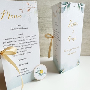Arany, Greenery, menü, vacsora, itallap - esküvő - meghívó & kártya - menü - Meska.hu