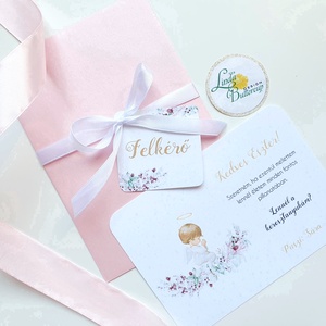 Pink, Angyalkás, lányos, keresztszülő felkérő lap, Keresztelő meghívó, rózsaszín - Meska.hu