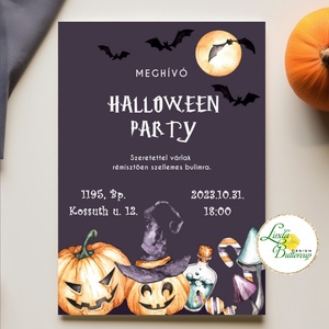 Halloween Meghívó, Halloween party, buli, denevér, boszorkány, cicás + SZERKESZTÉSI DÍJ A LEÍRÁSBÓL, Otthon & Életmód, Dekoráció, Halloween, Halloweeni meghívó, képeslap, ajándékkísérő, Fotó, grafika, rajz, illusztráció, Mindenmás, MESKA