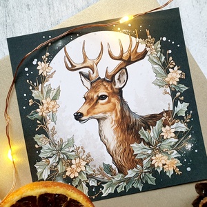 Szarvasos, vintage, kinyitható Karácsonyi Képeslap, Állatos, szarvas, Adventi lap, 13.5x13.5 cm borítékkal, négyzet - karácsony - karácsonyi ajándékozás - karácsonyi képeslap, üdvözlőlap, ajándékkísérő - Meska.hu