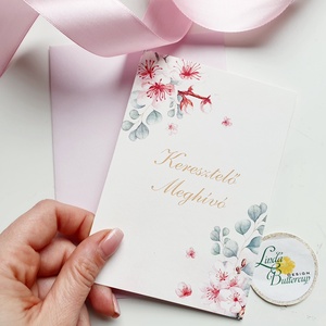 kinyithatós, Virágos keresztelő meghívó, Lányos Szülinapi meghívó, cseresznyefavirág, pasztell pink, rózsaszín+ SZERKdíj - otthon & életmód - papír, írószer - Meska.hu