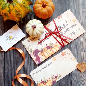 Őszi esküvő, októberi, nászajándék, Pénzátadó boríték, Nászajándék, Gratulálunk képeslap, halloween tök, bordó rózsás - Meska.hu