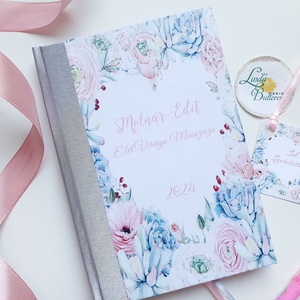 Türkizkék, ezüst és rózsaszín, virágos, Naptár, határidőnapló, kalendár, zsebnaptár, Egyedi naptár, névreszóló, tervező - otthon & életmód - papír, írószer - naptár & tervező - Meska.hu