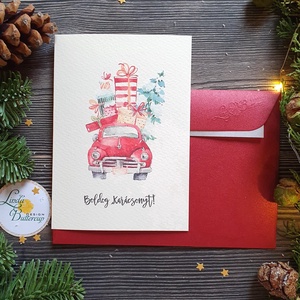 Autós Karácsonyi Képeslap, Retro, auto, bogár, fenyő, adventi Kártya, Vintage Karácsonyi üdvözlőlap, Vintage, fenyőfa, Karácsony, Karácsonyi ajándékozás, Karácsonyi képeslap, üdvözlőlap, ajándékkísérő, Fotó, grafika, rajz, illusztráció, Mindenmás, MESKA