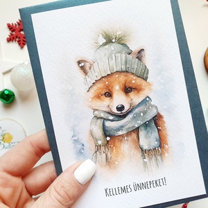 Cuki Rókás, Karácsonyi Képeslap, Állatos, Adventi lap, kinyithatós képeslap A6 méret borítékkal, zöld - Meska.hu