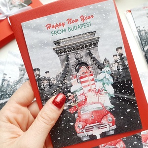 Budapesti Karácsonyi Képeslap, Adventi Képeslap, Karácsony, üdvözlőlap, Budapest, villamos, parlament - karácsony - karácsonyi ajándékozás - karácsonyi képeslap, üdvözlőlap, ajándékkísérő - Meska.hu