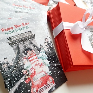 Budapesti Karácsonyi Képeslap, Adventi Képeslap, Karácsony, üdvözlőlap, Budapest, villamos, parlament - karácsony - karácsonyi ajándékozás - karácsonyi képeslap, üdvözlőlap, ajándékkísérő - Meska.hu