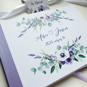 Lila Esküvői Emlékkönyv, Vendégkönyv, könyv, virágos, Esküvői vendégkönyv, levendula, eukaliptusz - esküvő - emlék & ajándék - vendégkönyv - Meska.hu